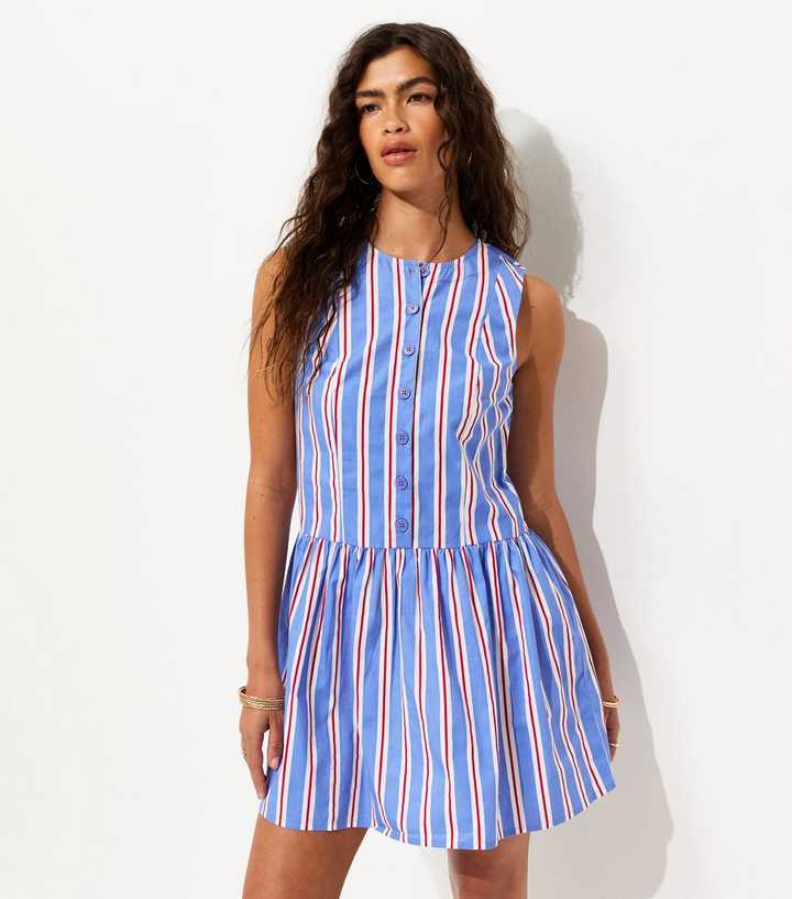 Blue Striped Poplin Mini Dress