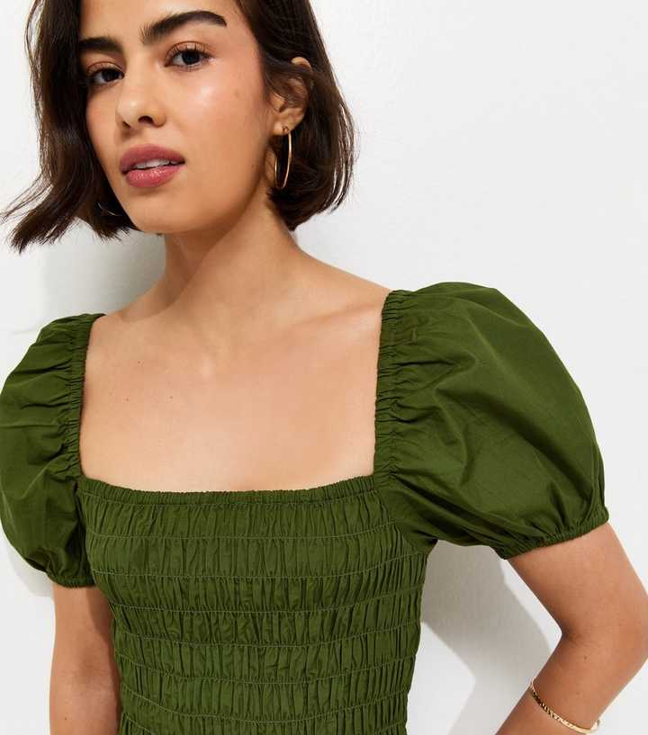 Dark Khaki Shirred Dropped Waist Midi Dress | New Look