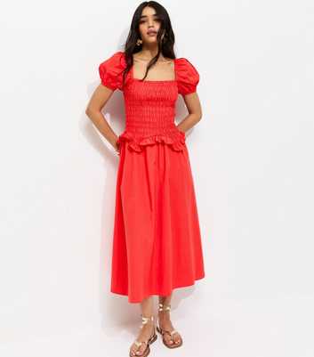 Light Coral Shirred Dropped Waist Midi Dress