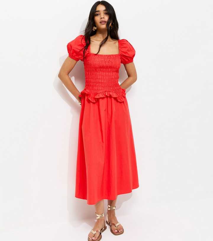 Light Coral Shirred Dropped Waist Midi Dress