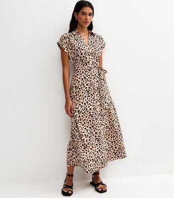 Brown Crepe Leopard Print Collared Short Sleeve Midi Dress