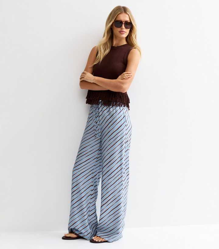 Light Blue Diagonal Stripe Wide Leg Trousers