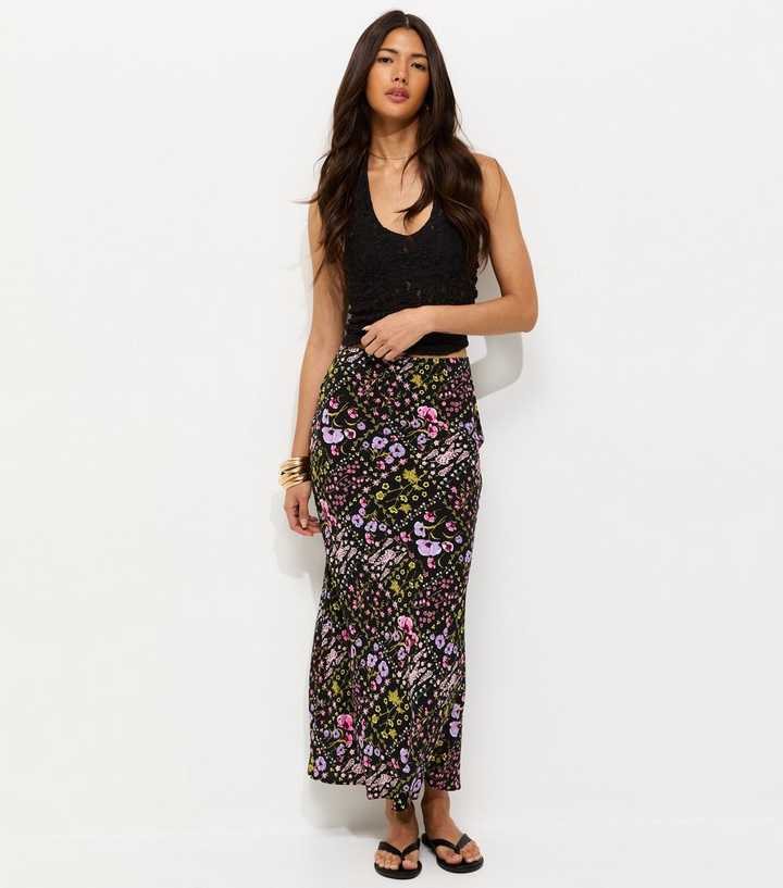 Black Botanical Pattern Bias Cut Midi Skirt