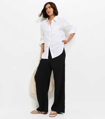 Black Cotton Textured Drawstring Wide Leg Trousers
