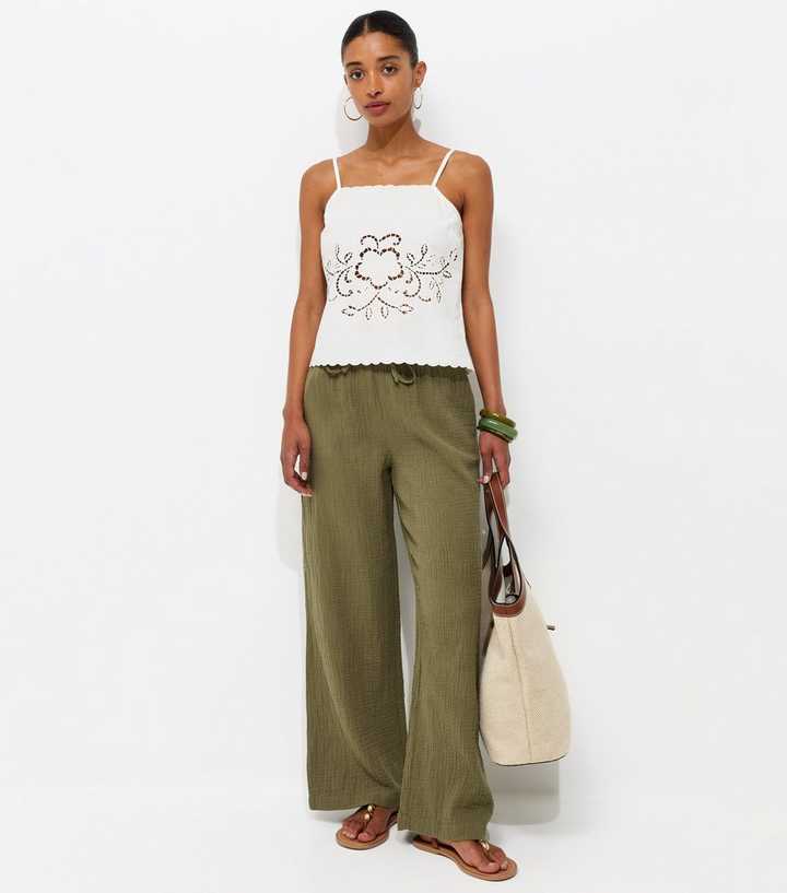 Dark Khaki Cotton Textured Drawstring Wide Leg Trousers