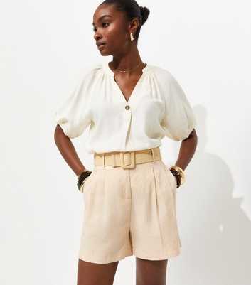 Stone Linen Blend Belted Shorts