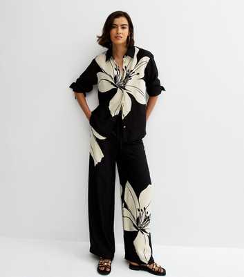 Black Lily Large Floral Wide Leg Trousers