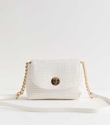 White Raffia Look Turn Lock Cross Body Bag