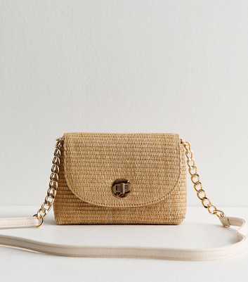 Stone Raffia Look Turn Lock Cross Body Bag