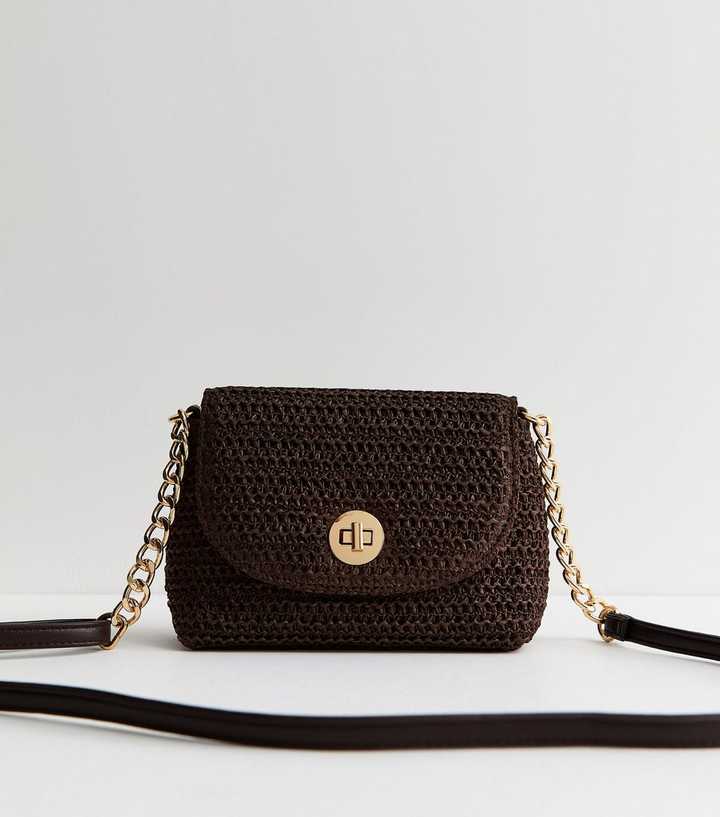 Dark Brown Raffia Look Turn Lock Cross Body Bag