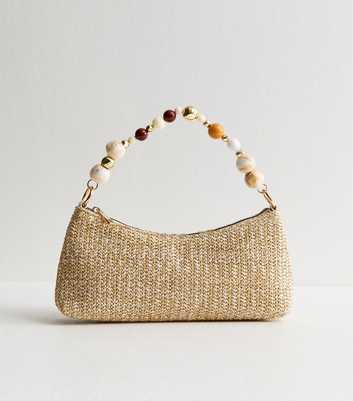 Stone Raffia Look Beaded Handle Shoulder Bag