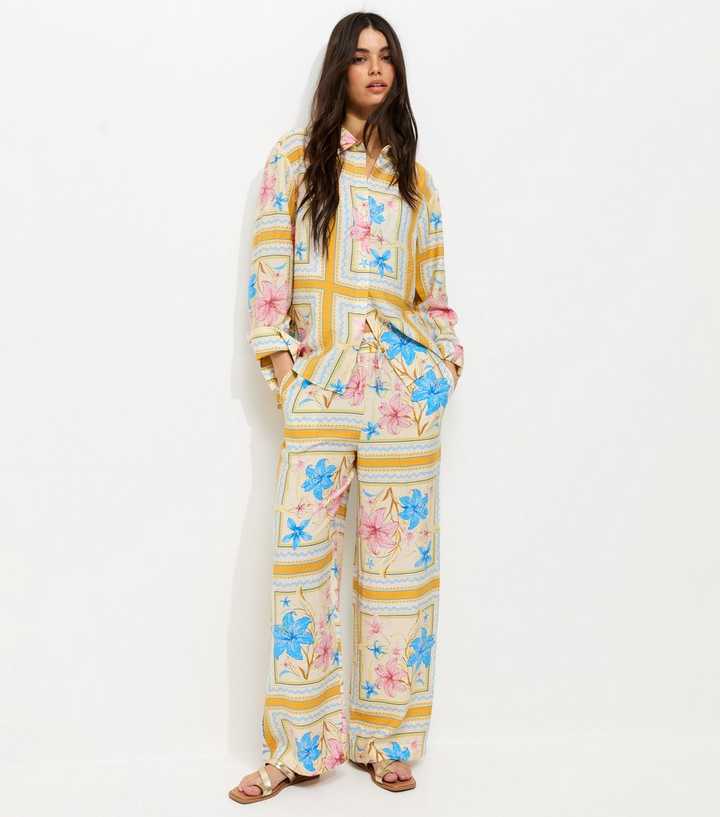 Yellow Tropical Print Wide Leg Trousers