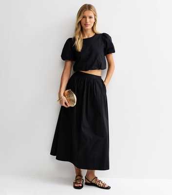 Black Cotton Poplin Circle Midi Skirt