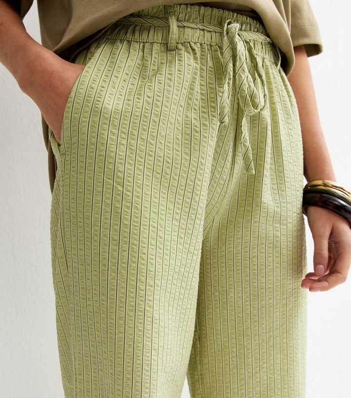 Green Striped Seersucker Wide Leg Trousers
