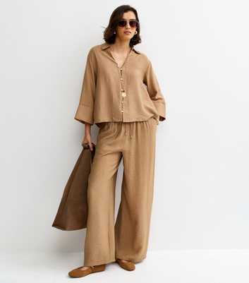 Camel Crinkle Wide Leg Trousers