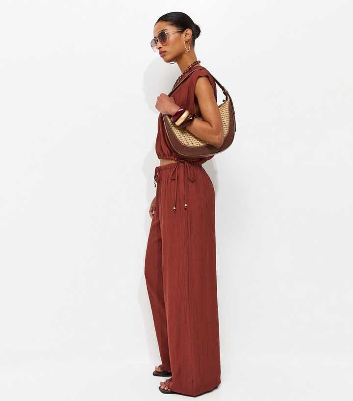 Rust Crinkle Wide Leg Trousers