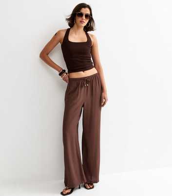 Dark Brown Crinkle Wide Leg Trousers