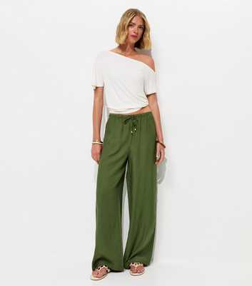 Light Khaki Crinkle Wide Leg Trousers
