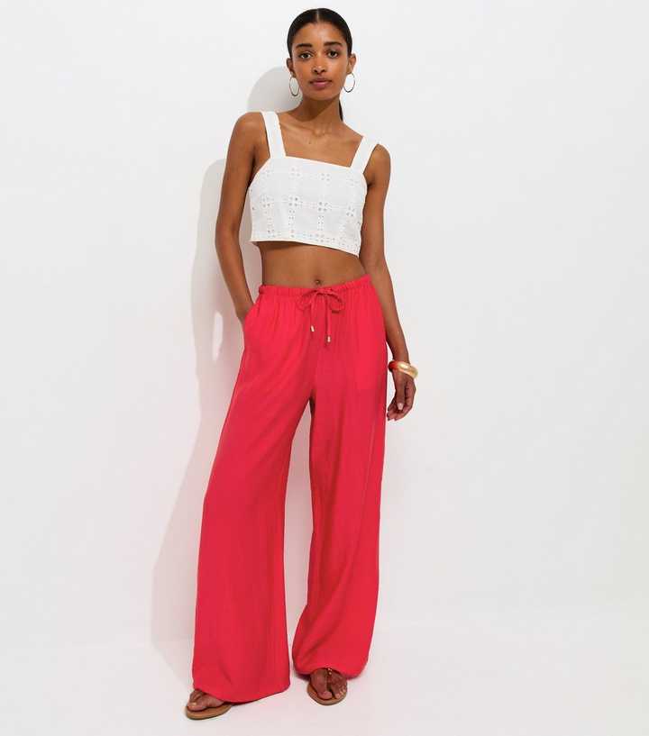 Bright Red Crinkle Wide Leg Trousers