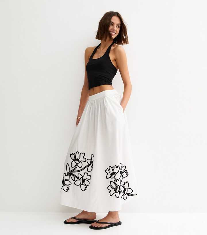 Cream Flower Embroidered Midi Skirt