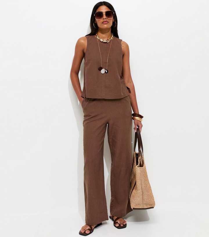 Dark Brown Linen Blend Wide Leg Trousers