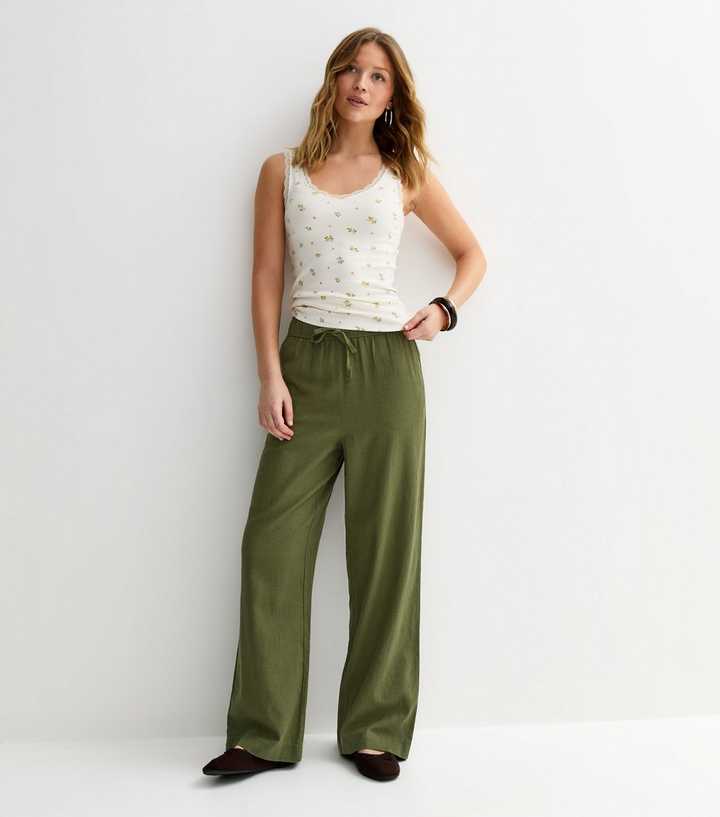 Green Linen Blend Wide Leg Trousers