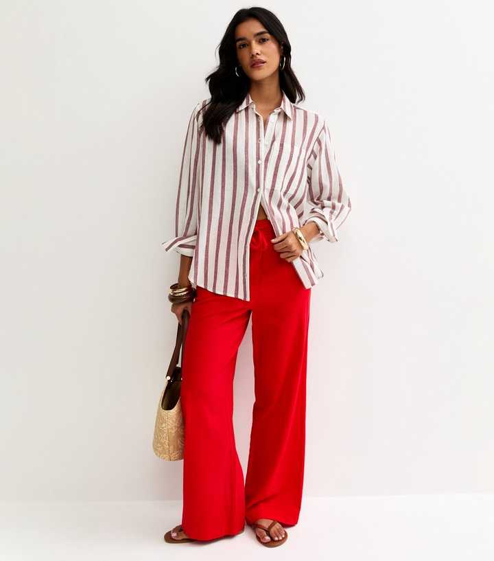 Bright Red Linen Blend Wide Leg Trousers