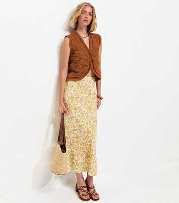 Yellow Linen Blend Floral Bias Cut Midi Skirt