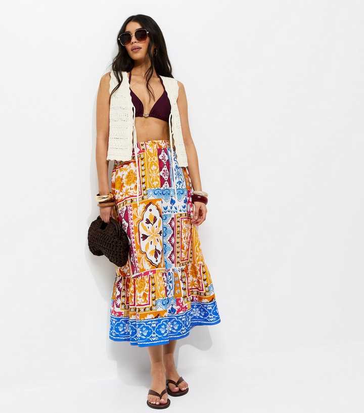 Yellow Baroque Scarf Print Tiered Midi Skirt