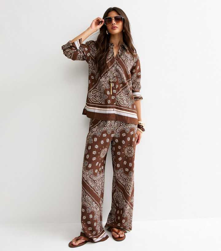 Brown Paisley Wide Leg Trousers
