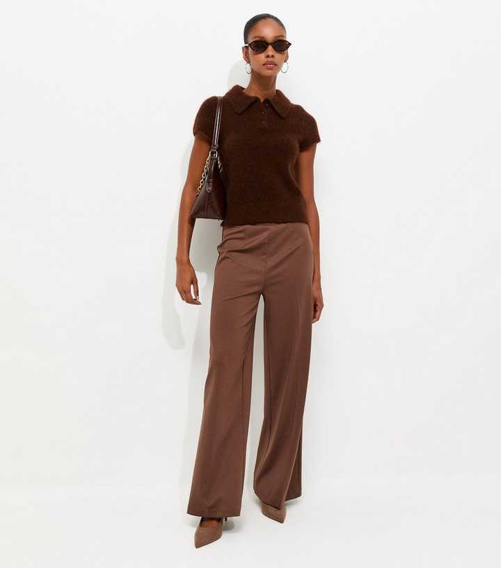 Dark Brown Wide Leg Jersey Trousers