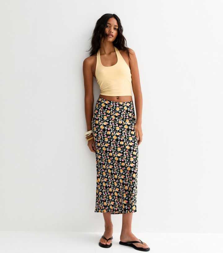 Black Fruit Print Bias Cut Midi Skirt