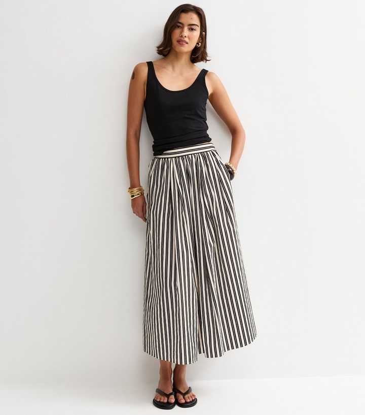 Black Cotton Poplin Striped Midi Skirt