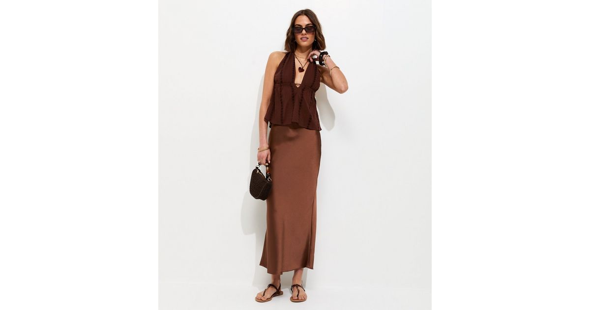 Dark Brown Satin Bias Cut Midi Skirt