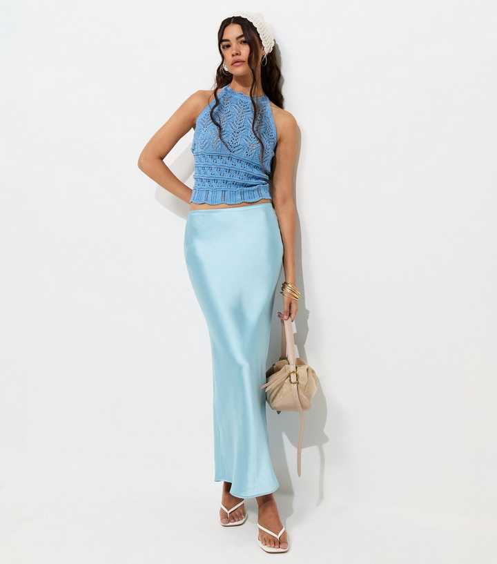 Light Blue Satin Bias Cut Midi Skirt