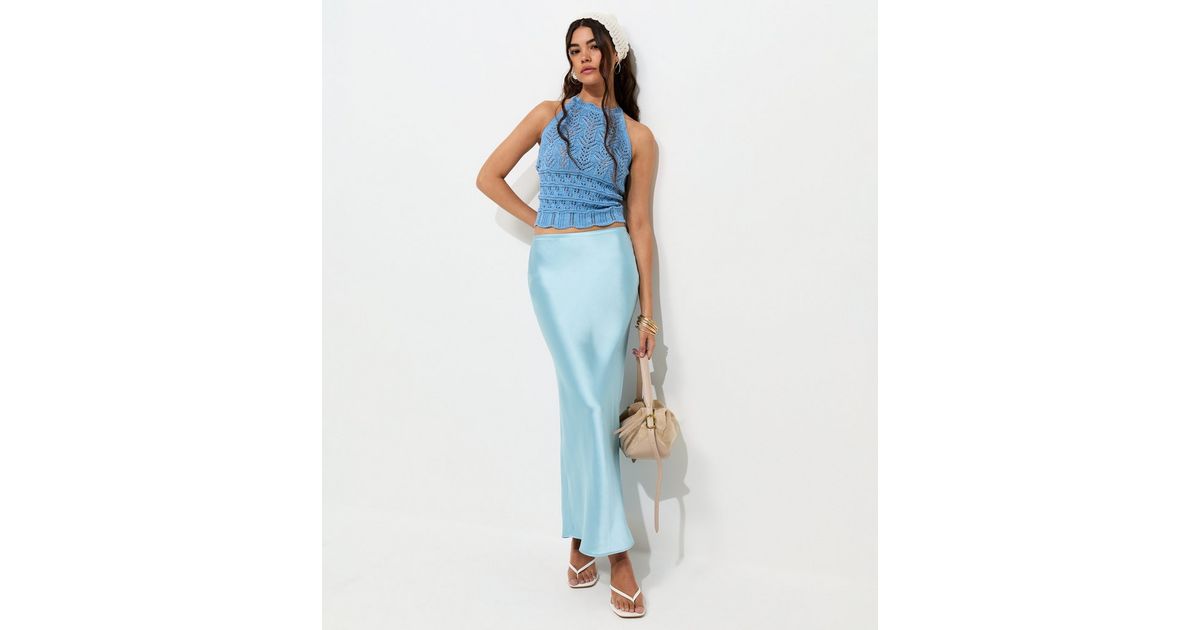 Light Blue Satin Bias Cut Midi Skirt
