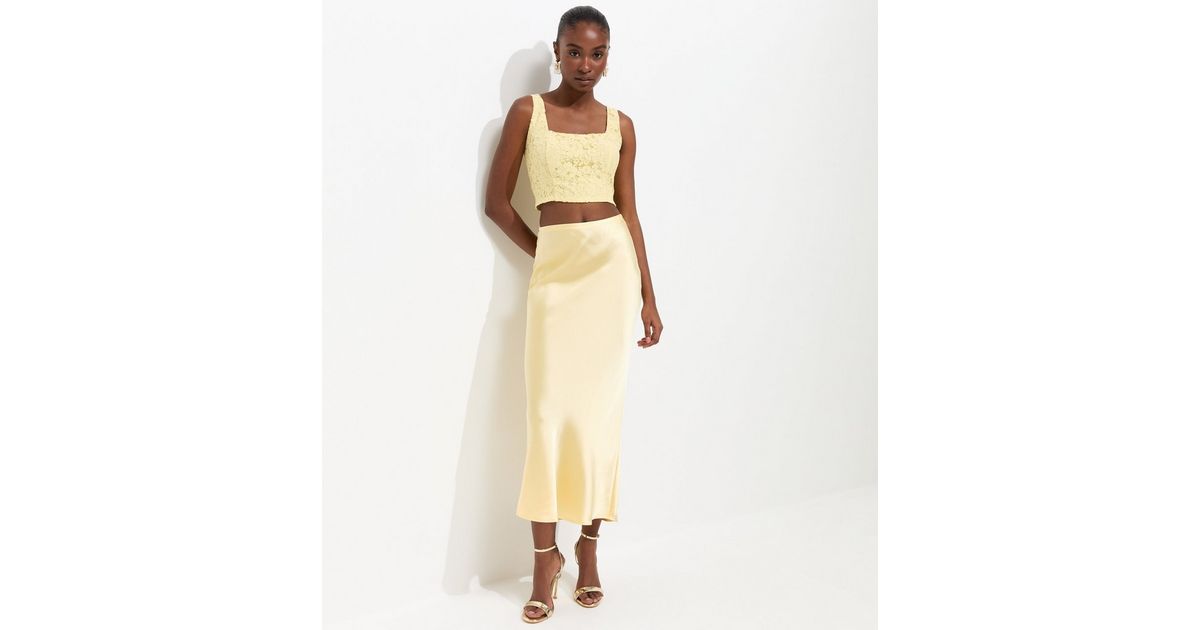 Light Yellow Satin Bias Cut Midi Skirt