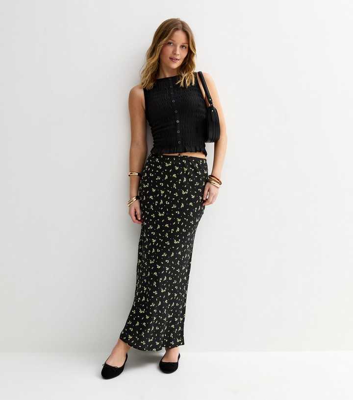 Black Lemon Print Bias Cut Midi Skirt