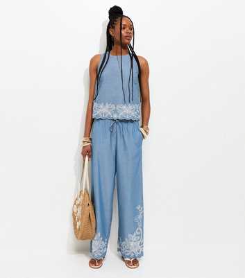 Light Blue Chambray Embroidered Hem Wide Leg Trousers