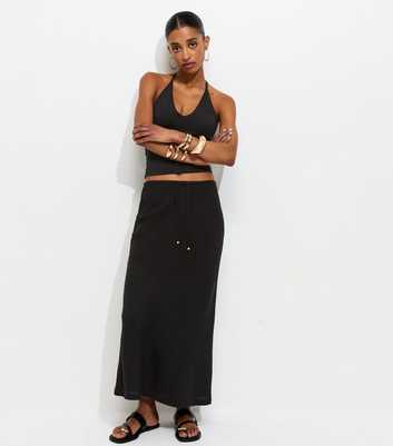 Black Linen Look Bias Cut Midi Skirt