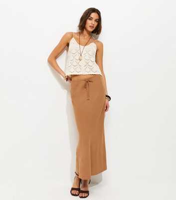 Tan Linen Look Bias Cut Midi Skirt