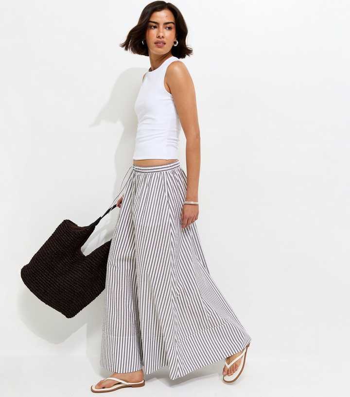 Brown Striped Cotton Seersucker Circle Maxi Skirt