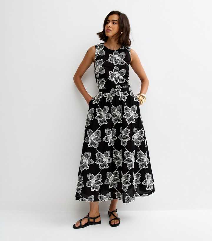 Black Cornelli Embroidered Midi Skirt