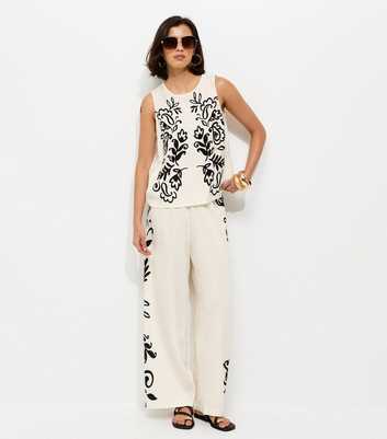 Cream and Black Floral Side Wide Leg Trousers