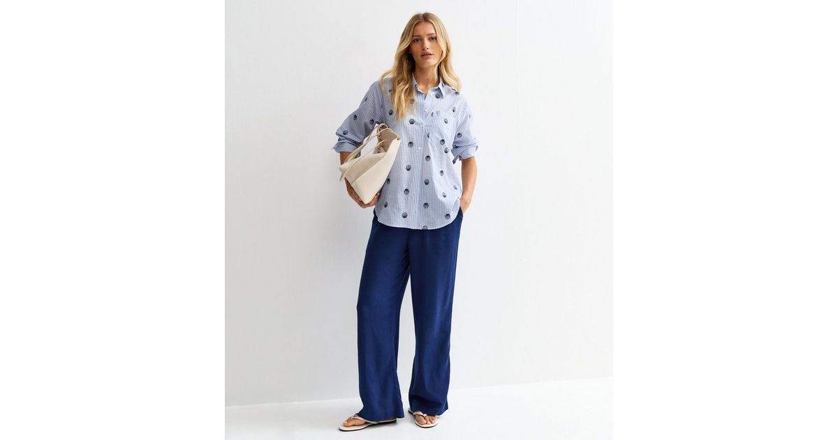 Navy Linen Look Wide Leg Drawstring Trousers