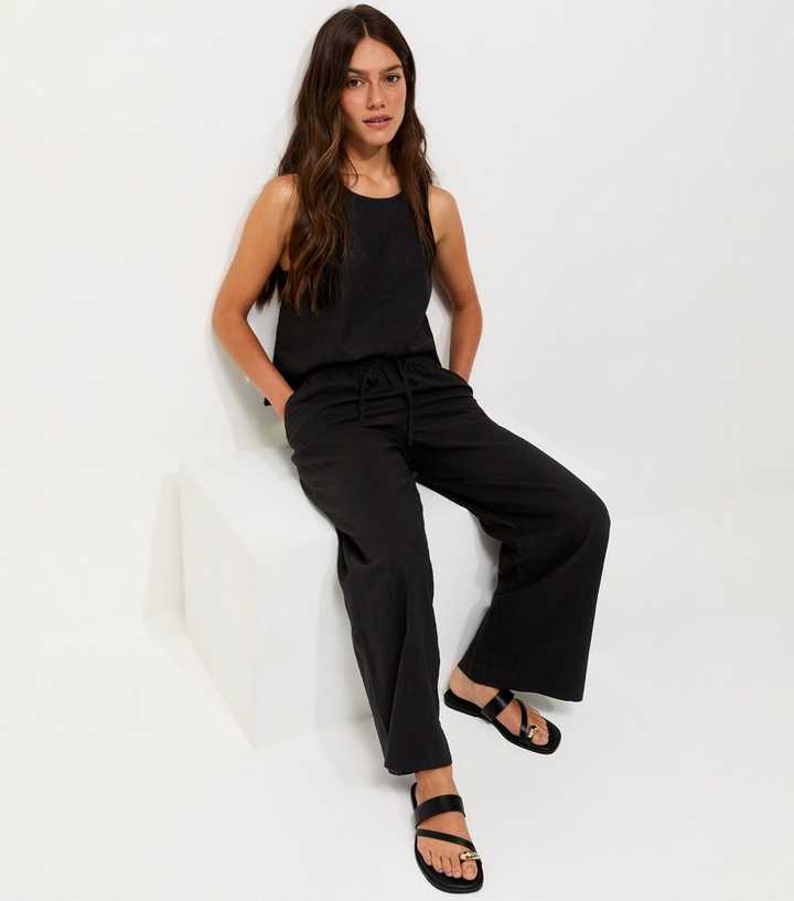 Petite Black Linen Blend Wide Leg Trousers