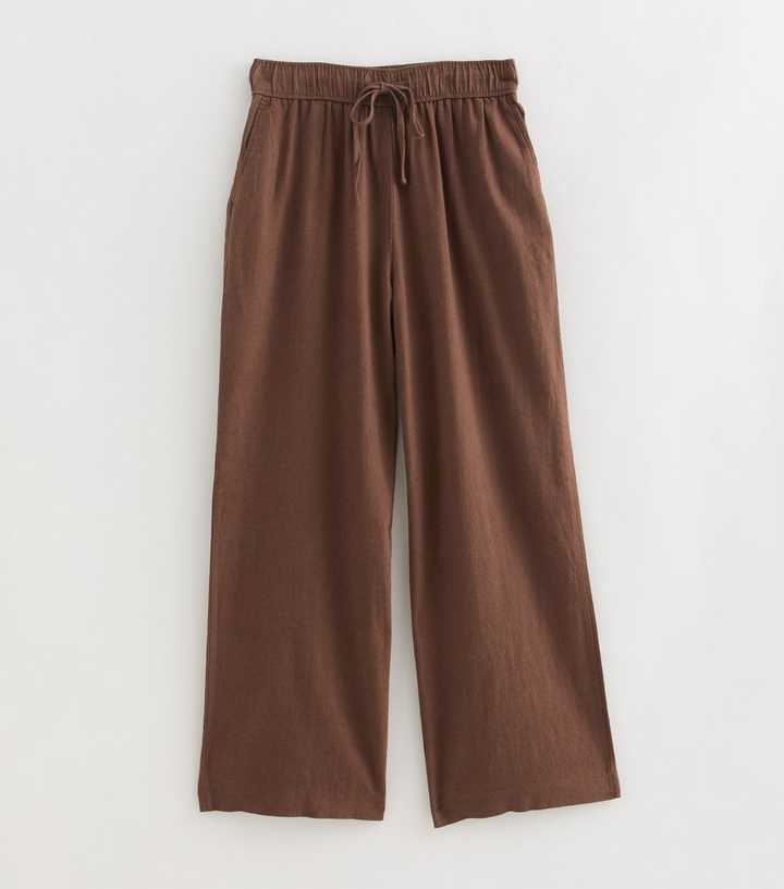 Petite Dark Brown Linen Blend Wide Leg Trousers