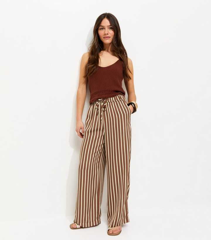 Petite Cream Stripe Print Linen Blend Wide Leg Trousers