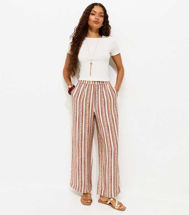 Petite Cream Floral Striped Wide Leg Trousers