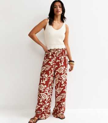 Petite Red Floral Drawstring Wide Leg Trousers